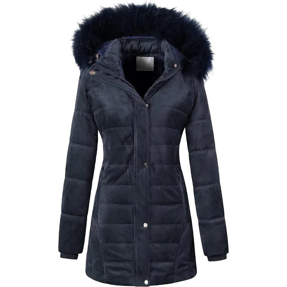 Women's Navy Winter Warm Coat Velvet Quilted Faux Fur Hood Puffer Jacket